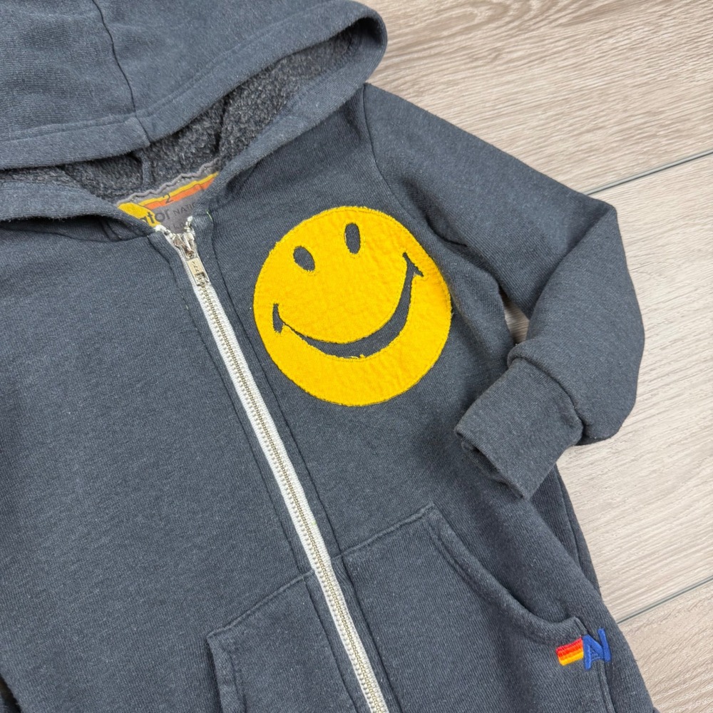 Aviator Nation Kids Hoodie Smiley Face Zip Up Charcoal Gray 2 - Picture 2 of 8